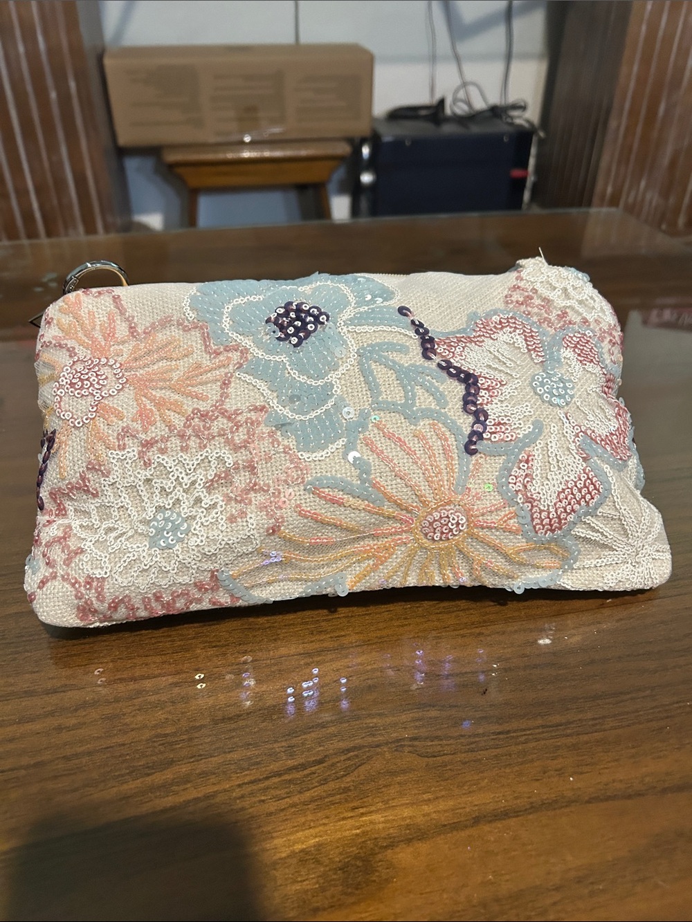 Beaded Floral Embroidered Clutch in Cream and Pastel